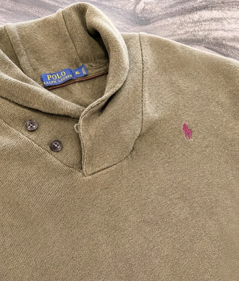 Polo Ralph Lauren XL Shawl Collar Sweatshirt Olive Green Leather Elbow Patches
